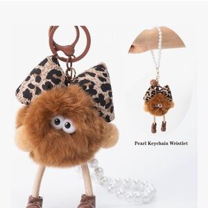 Furry purse/bag charm keychain w/bow&pearl wristlet
